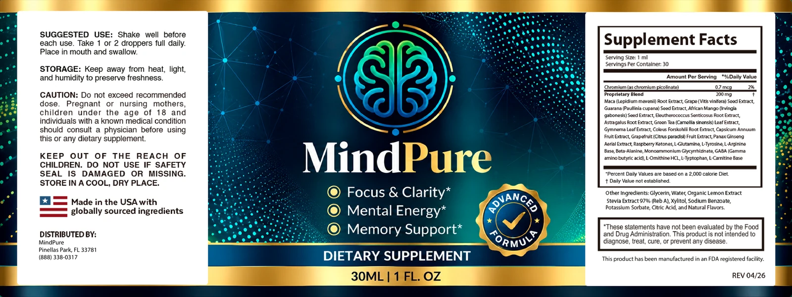 Official MindPure label — suggested use, storage, caution and full Supplement Facts panel